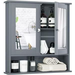 Tangkula Bathroom Medicine Cabinet with Mirror, Wall Mounted Wooden Hanging Organizer with Doors and Shelves, Bathroom Wall Mirror Cabinet (Mirror Doors, Gray) (Grey)