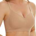 WOWENY Wireless Push Up Bras for Women Comfortable Ribbed Seamless Bralettes V-Neck Adjustable Padded Everyday Bra (Large, Beige)