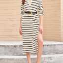 Saodimallsu Womens Striped Sweater Dress Fall Chunky Knit V Neck Collared Long Sleeve Sexy Slit Loose Midi Dresses (Medium, Beige)