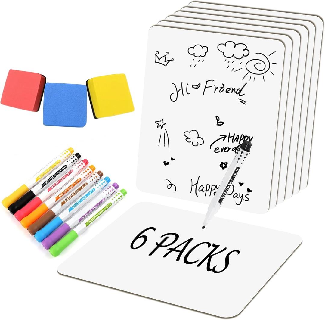 6 Pack Small White Board Dry Erase Classroom Pack Boards 9" x12 Personal Whiteboards for Students Teachers School Supplies Lapboards Mini Whiteboard Erasers Included Colors pens