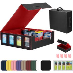 PU Leather Storage Case Fits with Display,3000+ Cards,4-Row Deck Case with Removable Lid,with1Dice tray for dice,24 Colorful Dividers & 4 Card Supporters forTCG Game Cards (Black/Red)