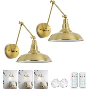 Gold Vintage LED Wall Sconce Set of 2, Wireless Battery Powered Wall Sconce with Remote Control, Dimmable Lighting for Bedroom, Hallway, Farmhouse Indoor Wall Sconce