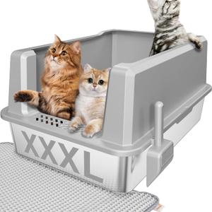Citylife Stainless Steel Cat Litter Box with LidXL Extra Large Enclosed Removable Metal Litter Box with Litter Scoop&Double Layer Litter Mat,Non-StickyNon-Odor,Easy Cleaning, for Big CatsGrey