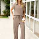 Glamaker Womens 2 Piece Summer Outfit Lounge Set Cap Sleeve Polo Top And Pant Set Tracksuit Travel Matching Outfit 2026 (Brown, S)