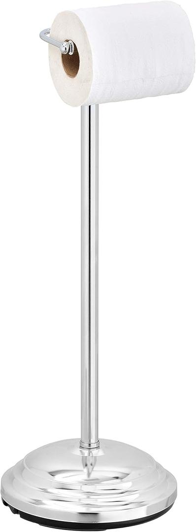 MyGift Silver Chrome-Plated Metal Heavy Weighted Free Standing Toilet Paper Holder, Classic Bathroom Single Roll Dispenser Stand with Round Base