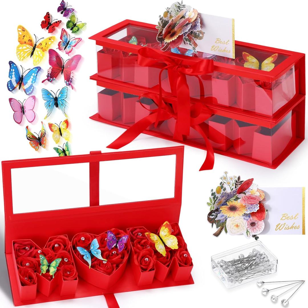 Gilprop 2 Pack Empty Mom Flower Gift Box for Mother's Day Moms Letter Shaped Empty Bouquet Box with 2 Pcs 3D Floral Greeting Card 24 3D Butterfly 50 Crystal Pins for Mother Grandma(Red,Mom)