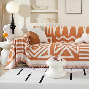 OstepDecor Boho Couch Cover, Orange Sofa Covers Washable, Sectional Couch Covers for Sofa L Shape, Chenille Sofa Blanket Cover, Non-Slip Sofa Slipcovers for Dogs, Pets, 59" x 71"