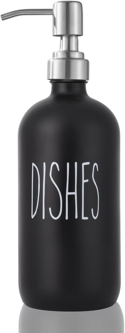 Black D Glass Soap Dispenser - Thick Glass, Stainless Steel Pump, Kitchen & Bathroom Sink Use