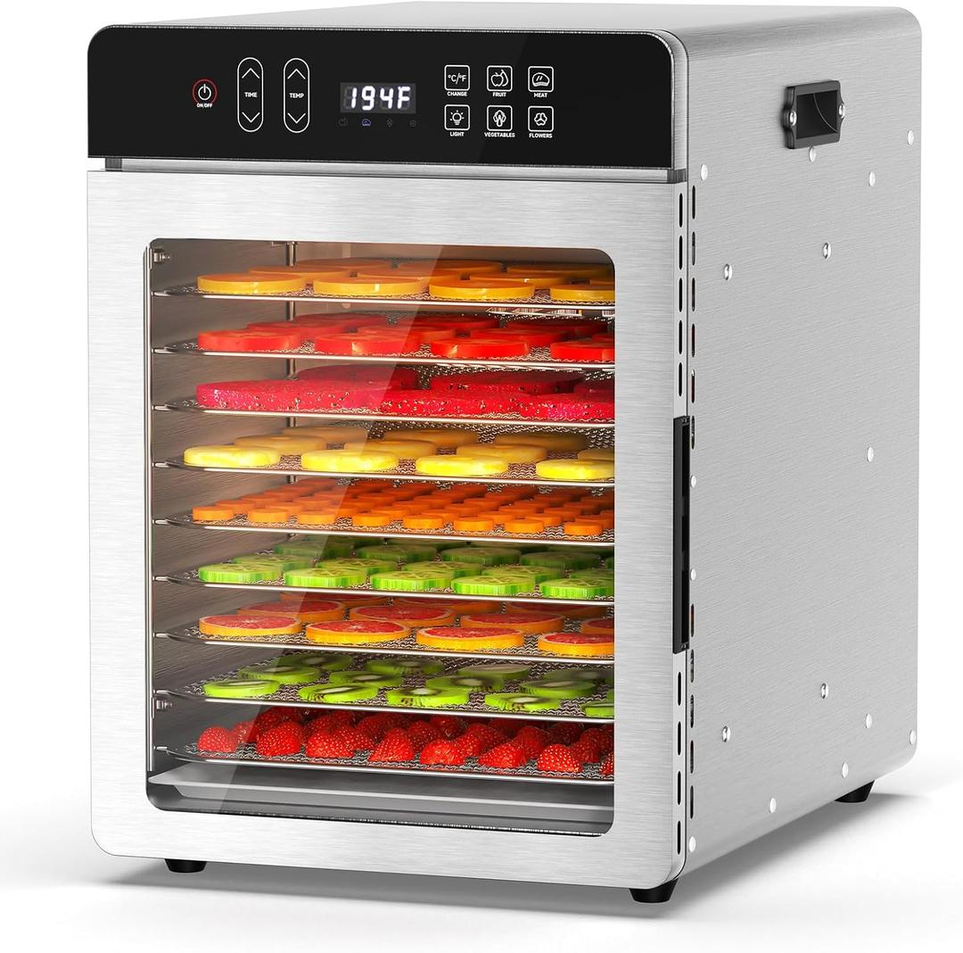 Food Dehydrator with 10 Stainless Steel Trays, 800W Fruit Dehydrator Machine with 194 Temperature Control & 24H Digital Timer, 4 Presets, Meat Dehydrator for Jerky, Herbs, Yogurt, Dog Treats