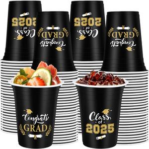 100 Pcs Graduation Cups Class of 2025 Party Plastic Cups 12 oz Graduation Decorations Congrats Grad Disposable Tableware Hot Cold Drinks for School Supplies Festive Celebration(Black)