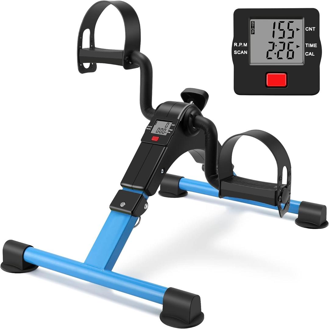 Folding Exercise Bike Pedal Exerciser Portable Desk Bike with LCD Display for Arms and Legs Workout (BLUE)