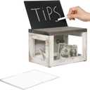 MyGift Tip Jar Box, Donation Offering Box Church, Suggestion Box with Clear Acrylic Panel, Lock, Key, Removable Chalkboard and Sign Holder, 9 x 6 Inch Whitewashed and Weathered Gray Wood