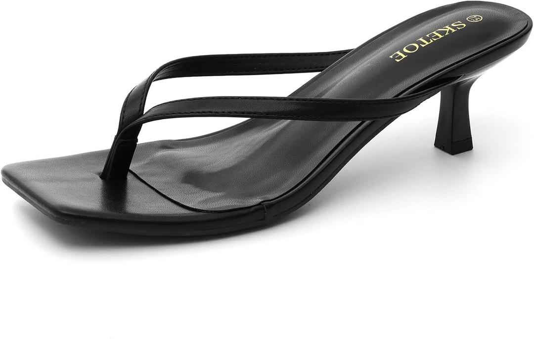 Sketoe Kitten Heels for Women Square Toe Sandals Flip Flop Heels Thong Sandals Comfortable Summer 2 Inch Heels Sandals (7.5, Black)