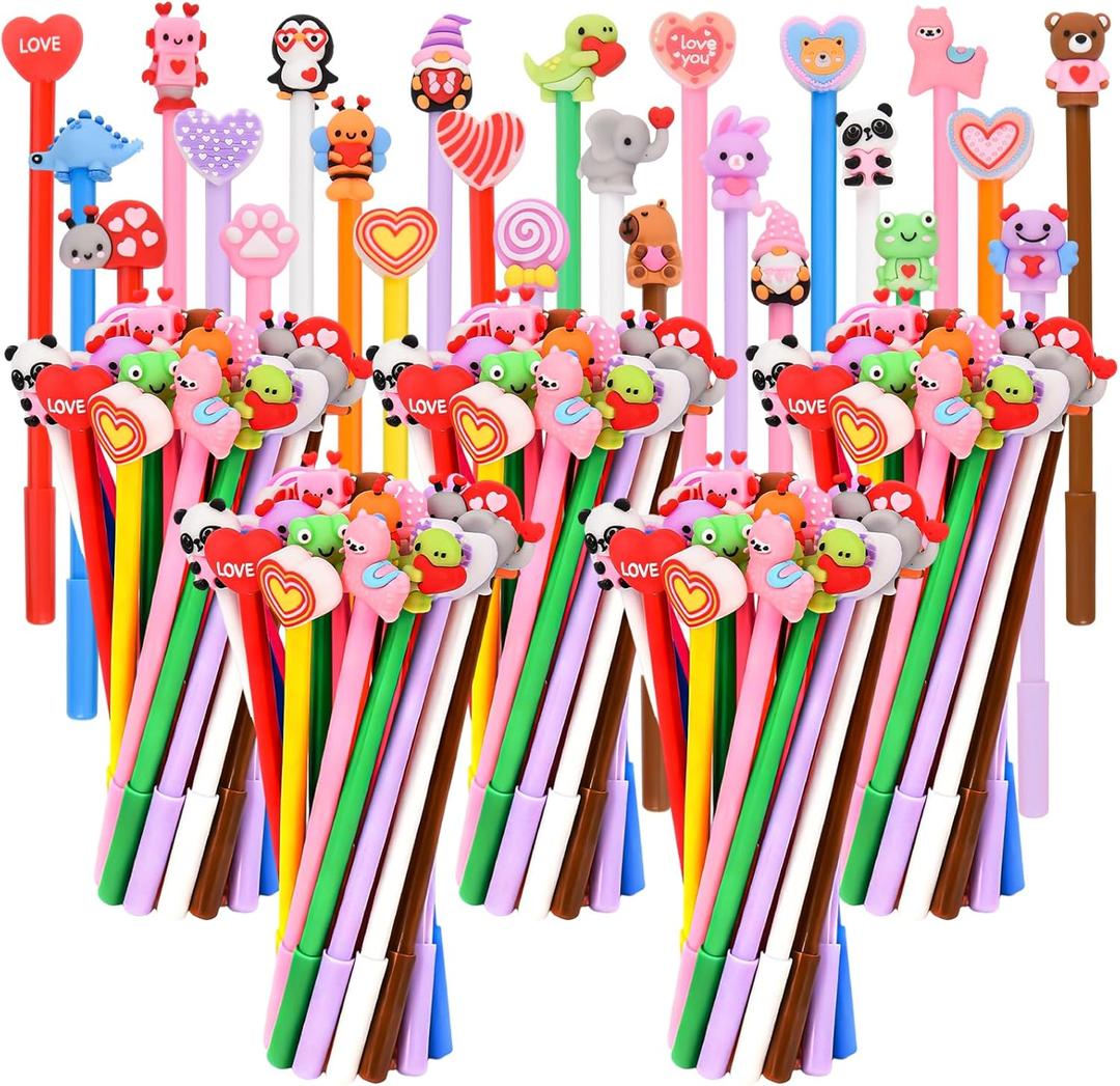 LiYiQ 100 Pcs Valentine's Day Animal Gel Ink Pen Fun Pens Kawaii Heart Capybara Frog Panda Shape Black Pen, Cute Pens for Office Home Student Present