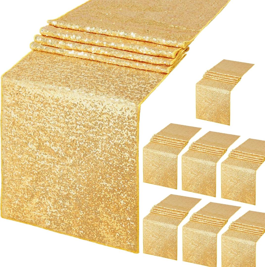 B-COOL Gold Sequin Table Runner Party: 8 Pack Sparkly Table Runner for Party Wedding Birthday Engagement Anniversary Decor 12x72 Inch