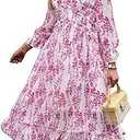 Women's 2024 Midi Dress Long Sleeve Floral Frill Trim Flounce Sleeve Ruffle Hem Dress, Size L