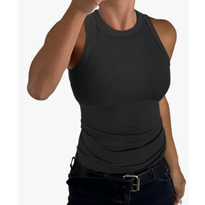 GEMBERA Womens Sleeveless Racerback High Neck Casual Basic Cotton Ribbed Fitted Tank Top. LARGE, Black