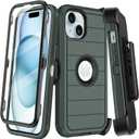 for iPhone 15 Case with Belt Clip Holster,Built-in Screen Protector,Heavy Duty Shockproof Drop Protection Military Grade 3 Layers Rugged Durable Phone Cover with Kickstand for Apple 15 (Dark Green)