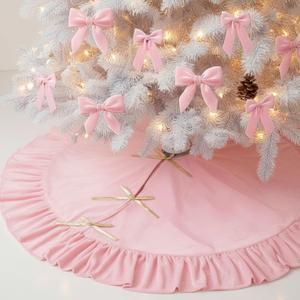 48 Inches Velvet Christmas Tree Skirt Pink with Gold Bow Fur Plush Tree Skirt Luxury Xmas Skirts for Merry Christmas Party Vintage Holiday Decorations