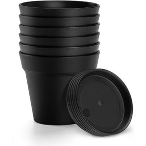6 Pack Plastic Plant Pots with Drainage Holes and Tray, 7 inch Thickened Indoor Planters Seedlings Nursery Pots for Flowers, African Violet, Succulent and All House Plants, Black