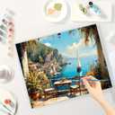 Coastal Scene Paint by Numbers Kit for Adults - DIY Mediterranean Balcony with Sailboats and Flowers Painting on Canvas 16x20In, Acrylic Paint Set for Beginners, Art for Home Decoration or Gifts
