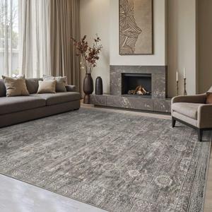 Rugxara 8x10 Area Rugs for Living Room, Large Washable Rug, Grey Vintage Retro Boho, Non Slip & Low Pile Faux Wool Carpet for Indoor Dining Room and Bedroom