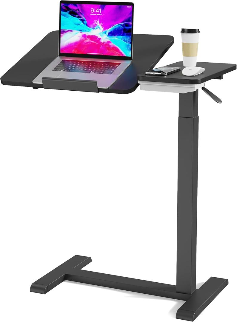 Adjustable Overbed Table with Hidden Wheels Adjustable Height and Angle Dual Pneumatic Mobile Split Tilt Top Bedside Table,Portable Side Table with Drawer for Home and Hospital Use (Black)
