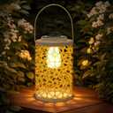 Outdoor Solar Lights, Vintage Metal Hanging Light with White LED Filament Bulb, Waterproof Tabletop Solar Powered Lanterns for Garden Pathway Fence Yard Hang Hook Patio Porch Decor, Ash Gold