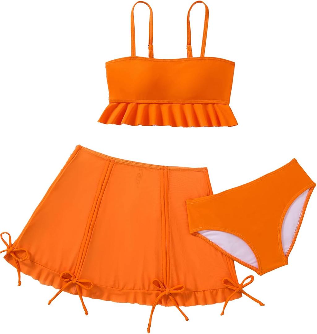 Girls 3 Piece Bathing Suit Set, Ruffle Cami Tankini Top with Swim Skirt and Bikini Bottom, Girls Swimwear for Beach,Ages 13-16 (Orange)