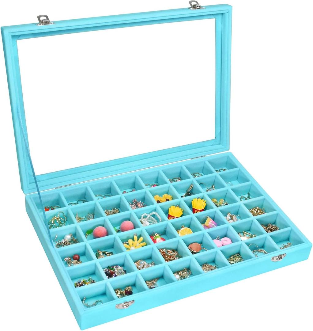 Velvet Jewelry Tray 48 Compartments Jewelry Display Organizer with Transparent Cover Rings, Earrings, Necklaces, Pendants Storage Box for Girls, Wives, Mothers, Women (Light Blue)