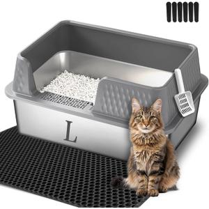Suhaco Medium Stainless Steel Litter Box Side Entry High Sides Deep Metal Cat Litter Boxes with Lid Low Entry Litter Mat and Scoop Litter Pan (Grey)