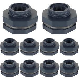 YOUNTHYE 10PCS Bulkhead Fitting 1/2 inch Double Threaded Bulkhead Water Tank Connector PVC Bulkheads Fitting Threaded Thru-Bulk Pipe Fittings for Rain Barrels, Aquariums, Ponds, Water Tanks