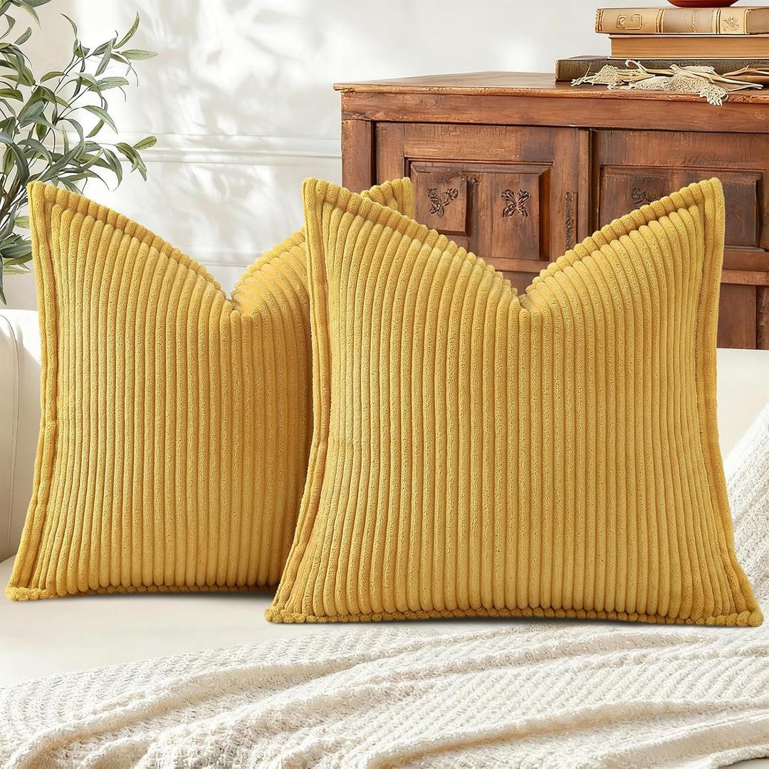 Mecatny Corduroy Throw Pillow Covers 22x22 Set of 2, Neutral Decorative Soft Boho Couch Pillow Covers with Broadside for Sofa Living Room, Mustard Yellow