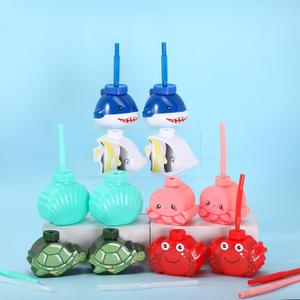 Tanlade Under the Sea Party Plastic Cups 10 oz Ocean Sea Shark Seashell Crab Turtle Fish Octopus Cups with Straw Lids for Ocean Themed Beach Birthday Party Supplies (12 Pcs)