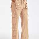 Cargo Pants for Women Low Rise Drawstring Waist 7 Pockets Hiking Work Wide Leg Pants with Zipper Button Closure Khaki