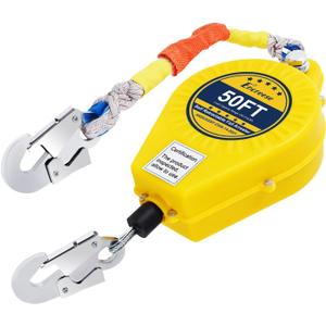 Self-Retractable Fall Arrester 50FT Double Locking Fall Arrest Protector Fall Protection Gear, Dual Alloy Steel PPE shell Heavy Duty Hook Cable Wire Rope Roofing Lifeline Safety Lanyard