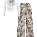 Floerns Girl's 2 Piece Camo Outfits Bow Knot Long Sleeve T Shirt and Wide Leg Cargo Pants Set Multicolor 9Y (Brown)