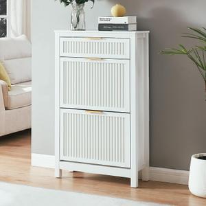 2 Flip Drawers Shoe Cabinet Storage for Entryway, Narrow Shoes Organizer Cabinet for Front Door Entrance, Free Standing Hidden Wooden Hallway Shoe Rack(White), Medium