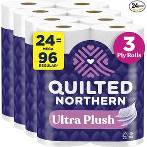Quilted Northern Toilet Paper, Ultra Plush, 24 Mega Rolls, Bath Tissue
Quilted Northern Ultra Plush toilet paper; 24 Mega Rolls; 3-ply toilet tissue