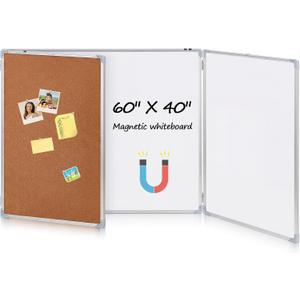 Mooliwe 60"x40" Tri-fold Cork Board Whiteboard Combo, Foldable Combination Magnetic Dry Erase Bulletin Board & Corkboard with Aluminum Frame Wall Mounted for Home, Office and School(Wood)
