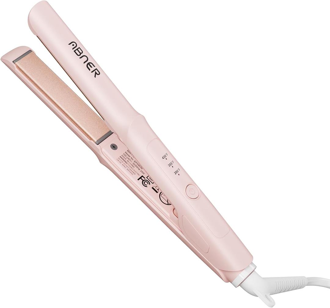 ABNER Mini Flat Iron 0.7 Inch Ceramic Hair Straightener, Small Flat Irons for Short Hair, Curls, Bangs - Adjustable Temperature, Travel-Size, Auto Shut Off, Dual Voltage for Women, Men (Pink)