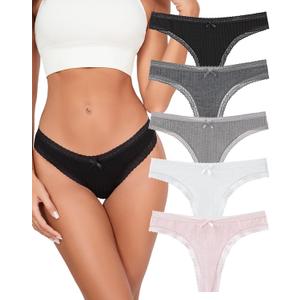 KNITLORD Super Soft Lace Thongs for Women Sexy T Back Womens Thong Underwear Lace Trim, Lady Breathable Viscose Panties No Show, 5 Pack XL