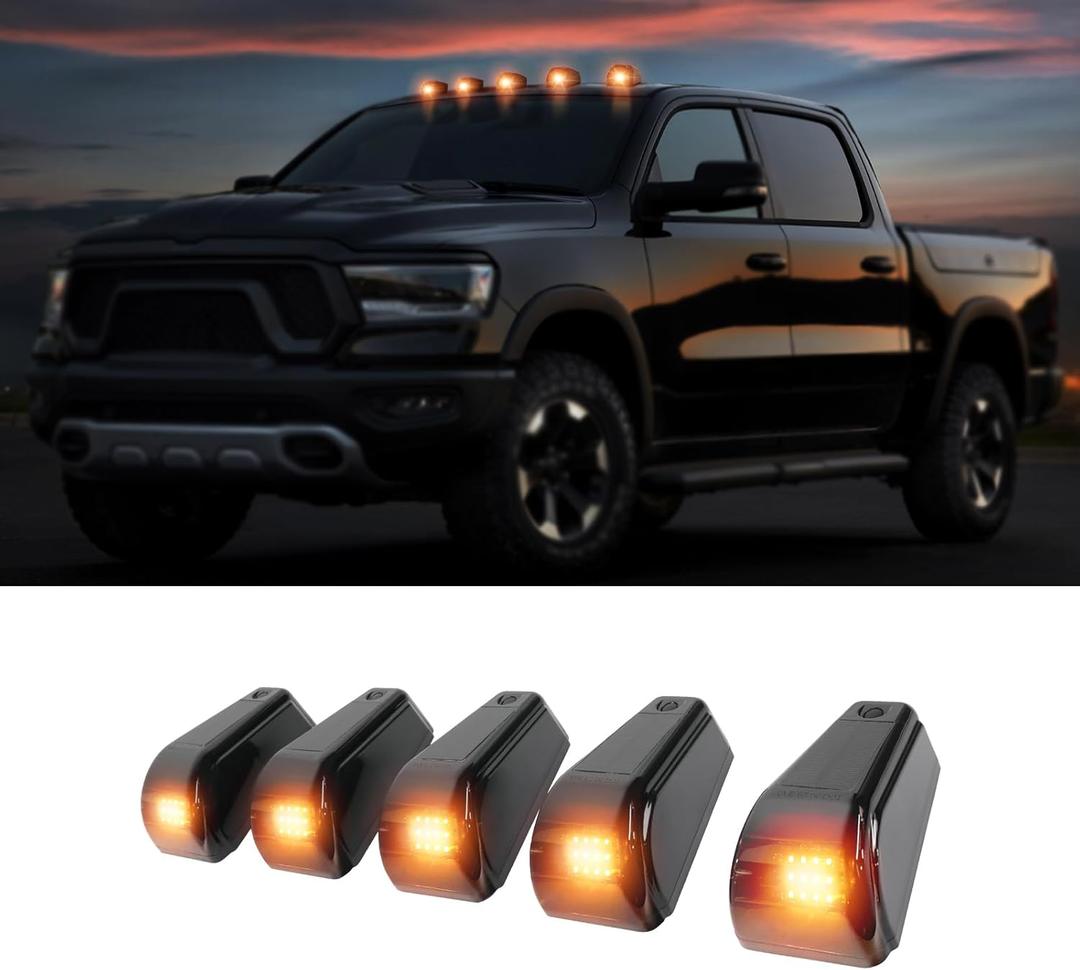 5PCS Solar Cab Lights Yellow Wireless No Drill Car Roof Top Marker 12 LED Warning Light Smoke Lens IP67 Waterproof Truck Roof Light Compatible with Pickups Trucks Ford Dodge Ram GMC SUV