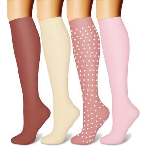 CHARMKING 4 Pairs Compression Socks for Women and Men (Small-Medium, 06 Pink/Beige/Pink/Pink)