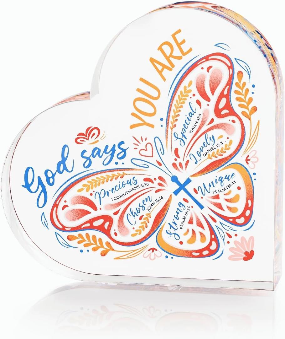 Christian Gifts for Women, Inspirational Butterfly Acrylic Heart Decor with Bible Verses, Religious Spiritual Gifts for Mom Sister Female Coworker Birthday Mothers Day Gift (Pink)