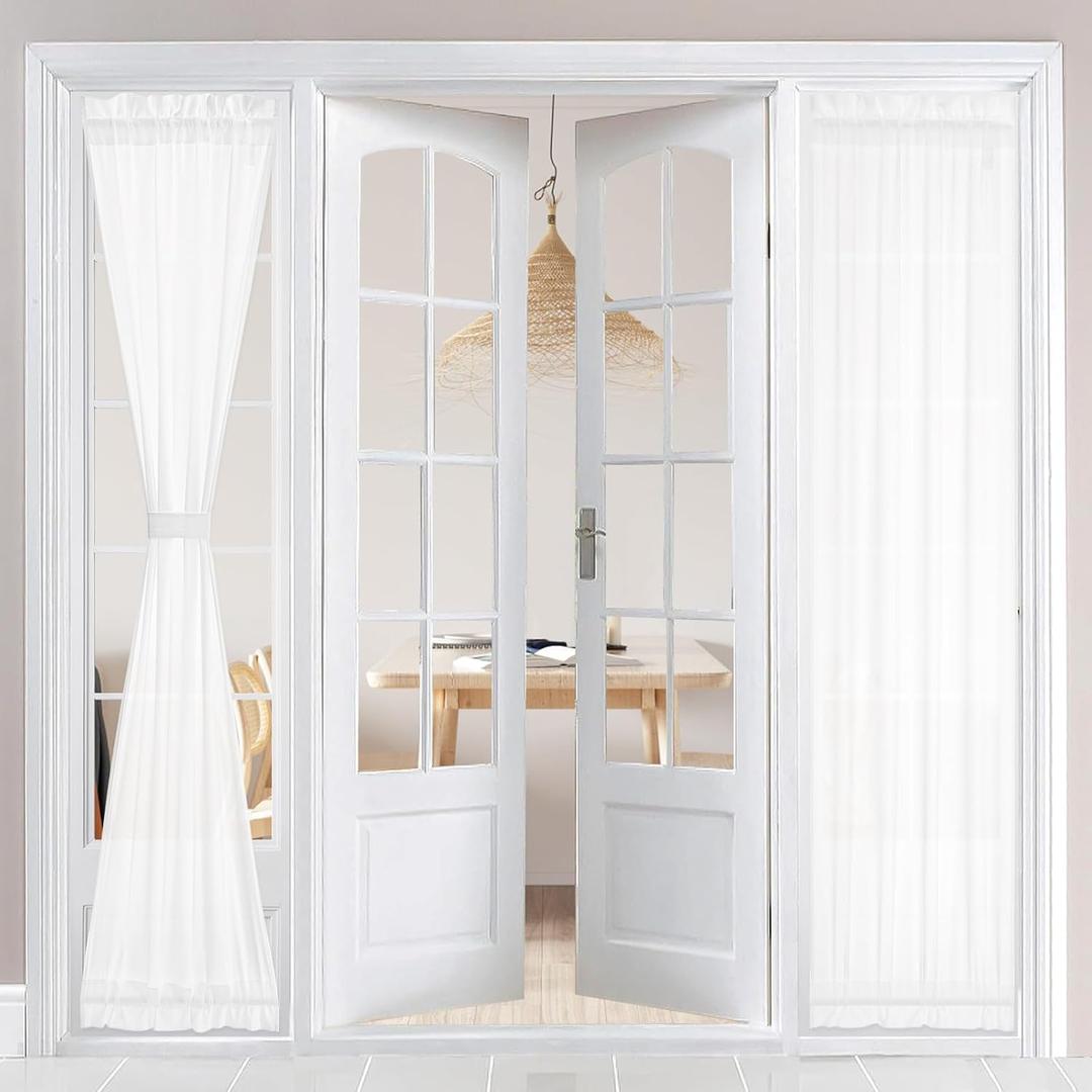 HOMEIDEAS Non-See-Through French Door Curtains Set of 2 for Front Door, Light Filtering Privacy Semi Sheer Window Curtains with Rod Pocket and Tie Back, White, 26W X 80L Inch
