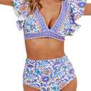 Soucrat Women Ruffle High Waisted Swimsuit Two Piece Tropical Print Swimsuit Push Up Bathing Suit, XL