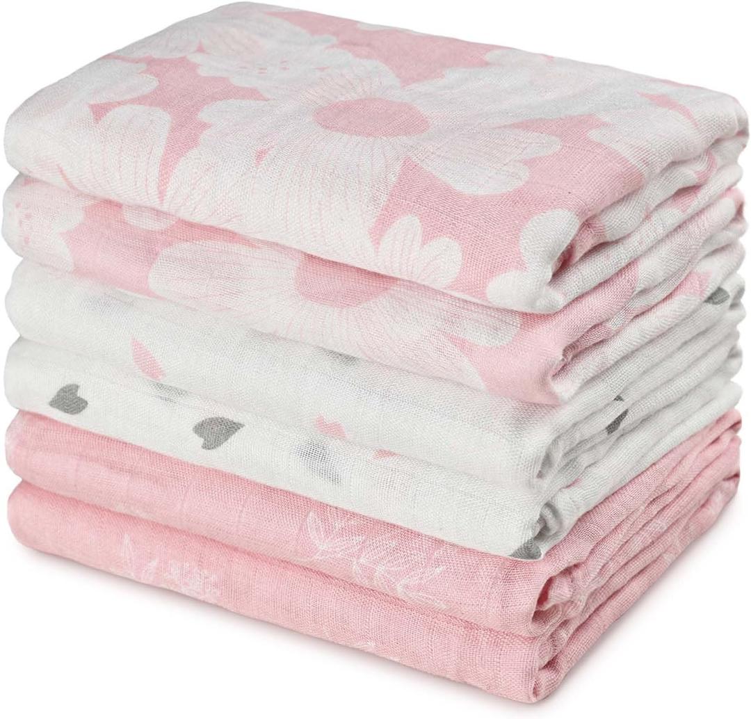 GLLQUEN BABY Receiving Blanket Boy Cotton Muslin Swaddle Blankets Girl Newborn Squares Breathable & Soft Thin Baby Blankets Cloths Double Absorbent Infant Swaddling Wrap - 6 Pack (Rosebud)