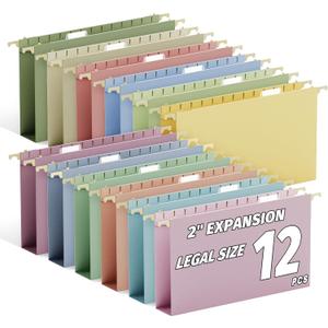 Ansook Legal Size Hanging File Folders, 2" Expansion Legal Plastic File Folders Hanging with Tabs, 12 Pack Pastel Colors Hanging Organizers for Filing Cabinet, Home Office Law Firm Document Storage