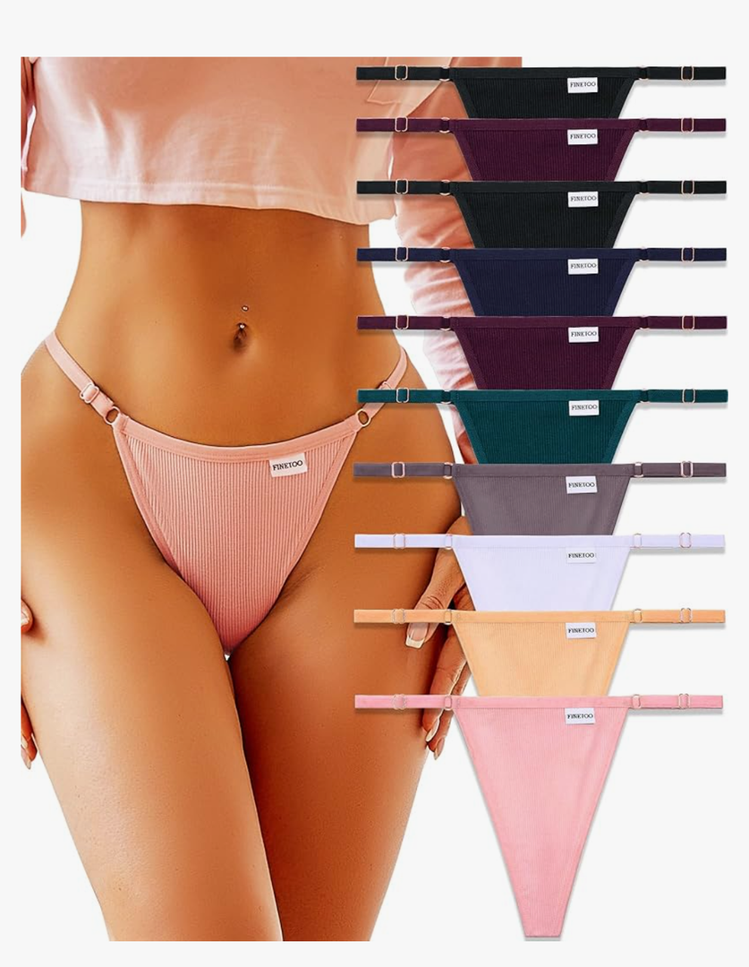 FINETOO 10 Pack Adjustable G String Thongs for Women Sexy Underwear Low Rise Womens Thong Cotton Panties for Ladies Large